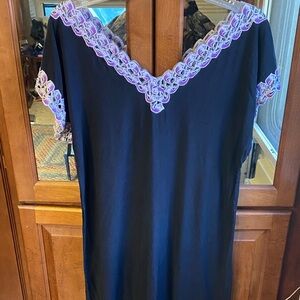 Black V-Neck Midi Large Dress with Purple Crocheted Lace Trim Spring Summer